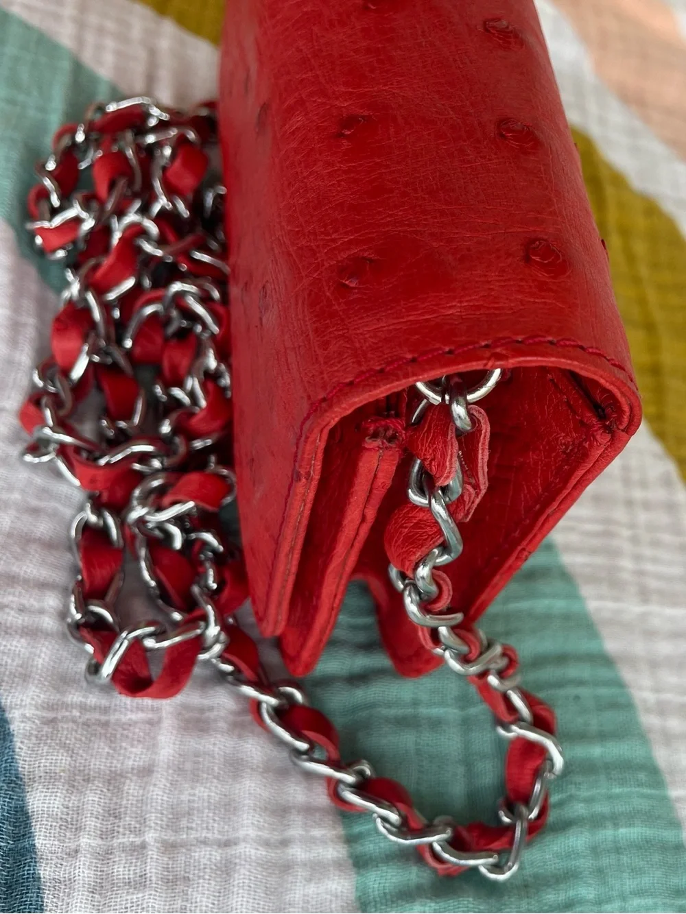 Luxury Faux Ostrich Leather Coral Crossbody Bag with Chain Strap